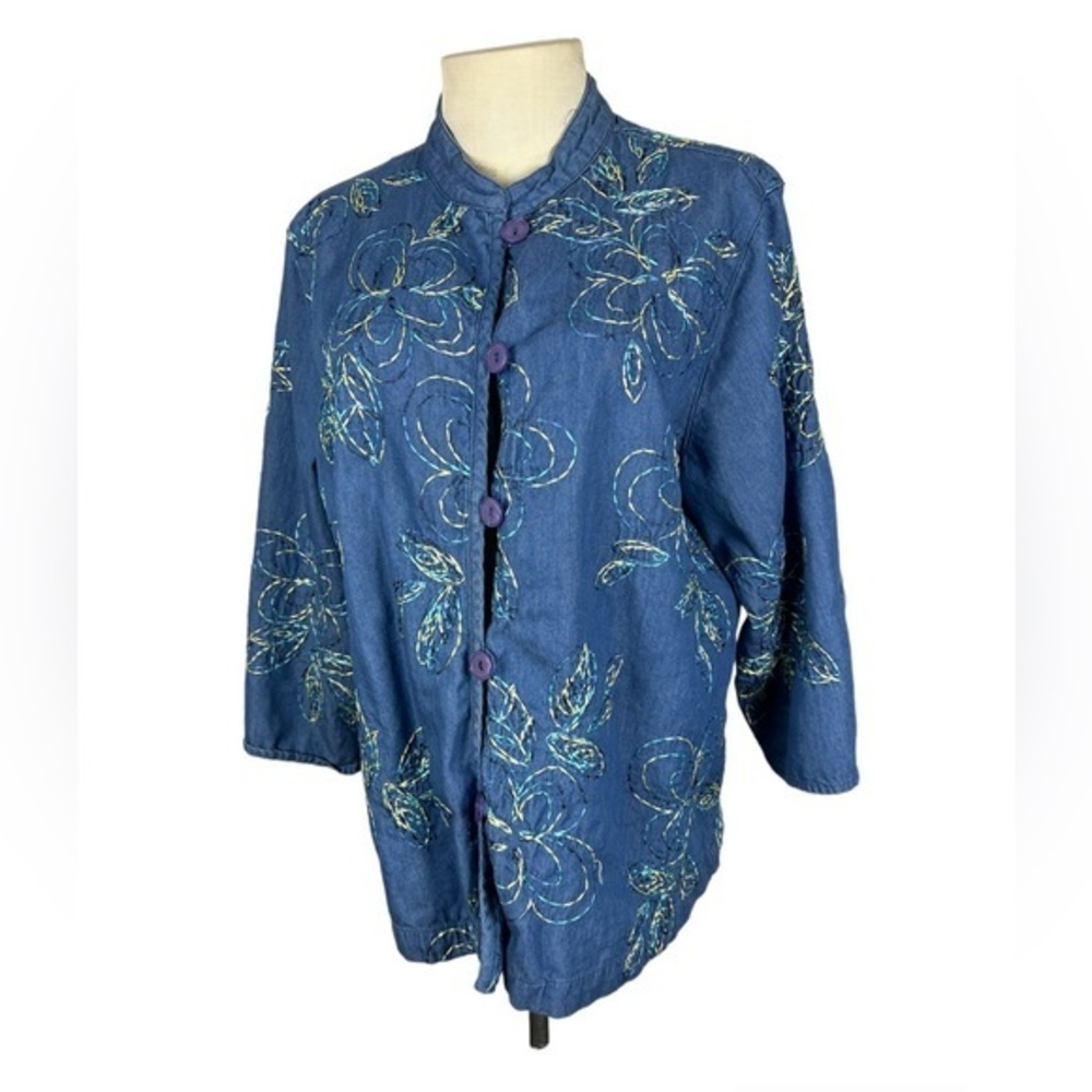 Embroidered Asian style jacket denim floral loop button front size Large Vtg 90s